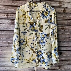 Joie Women's Long-Sleeved Button-Down Top Size XL White Floral V-Neck 100% Linen